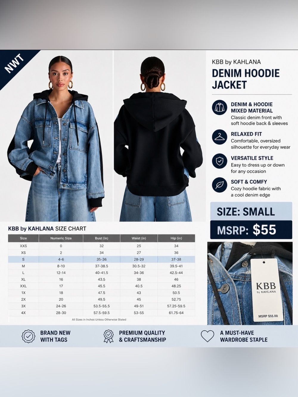 KBB by Kahlana Denim Hoodie Jacket – Women’s Small – NWT – MSRP $55
